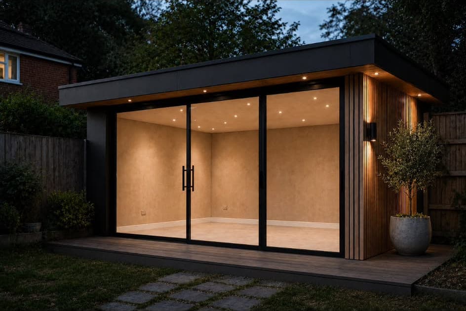 Garden room clad in western red cedar with full-height sliding doors, warmly lit from inside at dusk, with an olive tree in a pot alongside