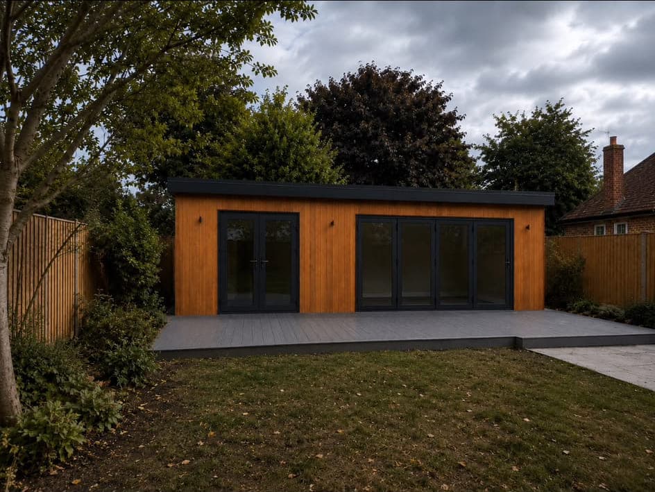Cedar-clad garden room with a grey composite deck running its full width, photographed in daylight