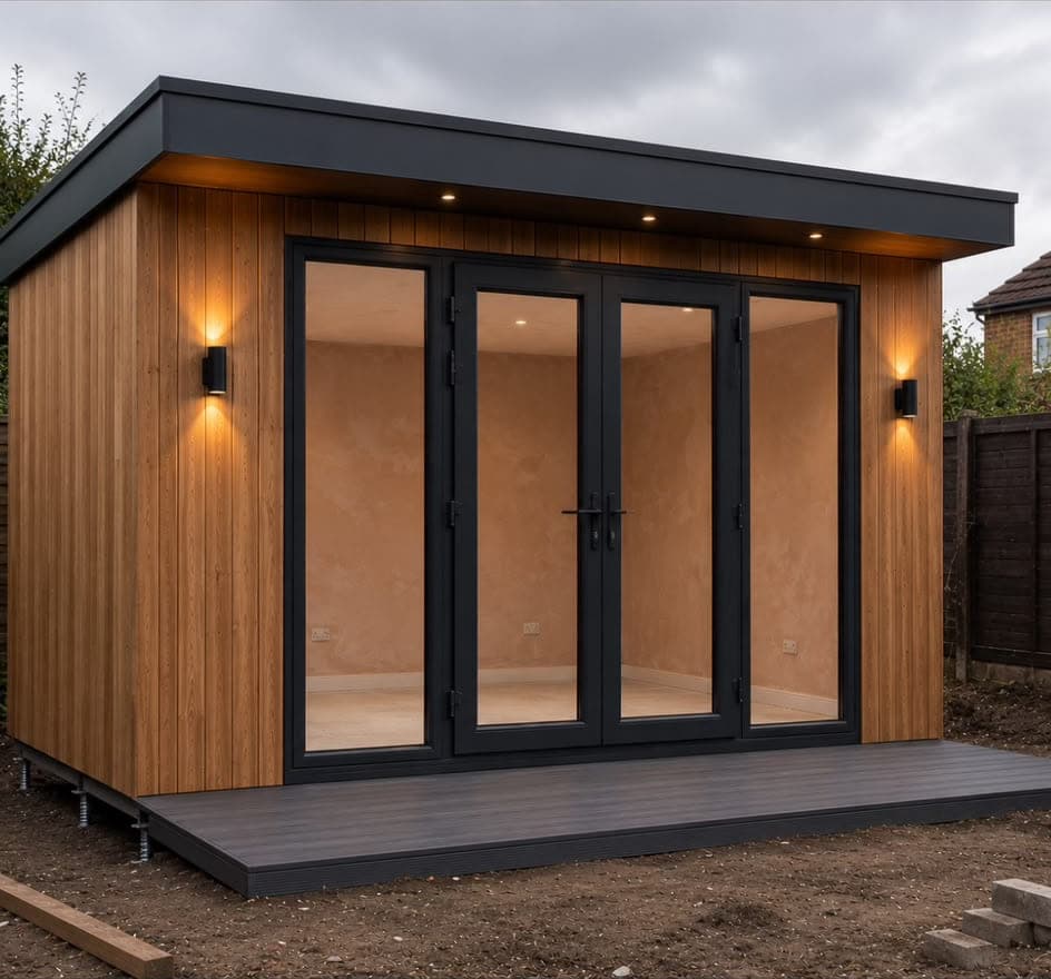 Compact cedar-clad garden room at dusk with wall uplighters and recessed lights under the roof overhang