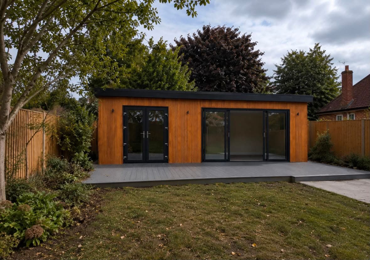 Wide cedar-clad garden room with anthracite bi-fold doors and a separate set of French doors, set on a grey composite deck in a mature garden